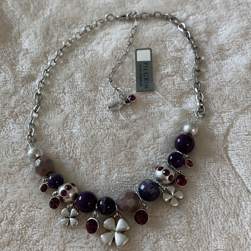 Pilgrim Danish Design Silver and Purple Choker Necklace w/4 Leaf Clover Charms